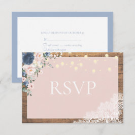 Elegant Dusty Blue Blush Rustic Wood Lace Script RSVP Kaartje