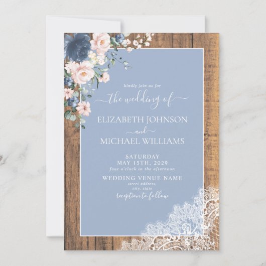 Elegant Dusty Blue Blush Rustic Wood Wedding Kaart (Voorkant)