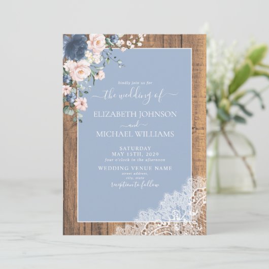 Elegant Dusty Blue Blush Rustic Wood Wedding Kaart (Staand voorkant)