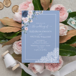 Elegant Dusty Blue Blush Rustic Wood Wedding Kaart