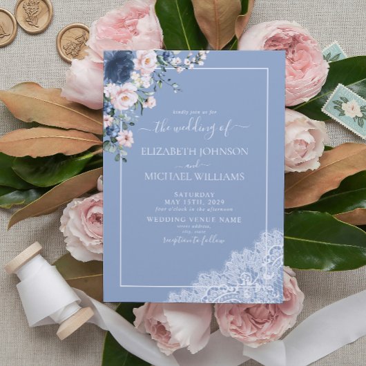 Elegant Dusty Blue Blush Rustic Wood Wedding Kaart