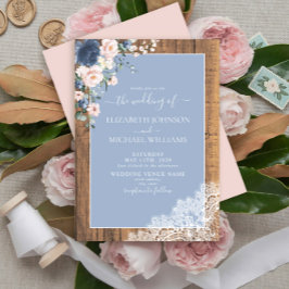 Elegant Dusty Blue Blush Rustic Wood Wedding Kaart