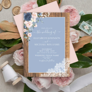 Elegant Dusty Blue Blush Rustic Wood Wedding Kaart