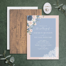 Elegant Dusty Blue Blush Rustic Wood Wedding Kaart