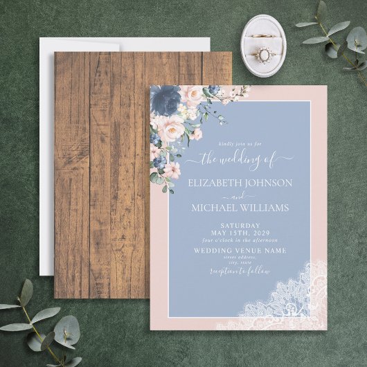 Elegant Dusty Blue Blush Rustic Wood Wedding Kaart