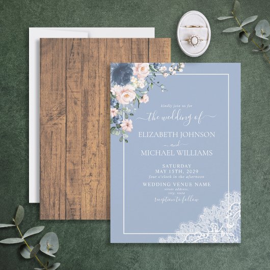 Elegant Dusty Blue Blush Rustic Wood Wedding Kaart