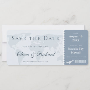 Elegant Dusty Blue Boarding Pass Save the Date Kaart