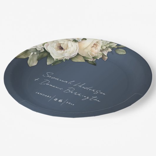 Elegant Dusty Blue Boho Rozen Bruiloft Papieren Bordje (Gekanteld)