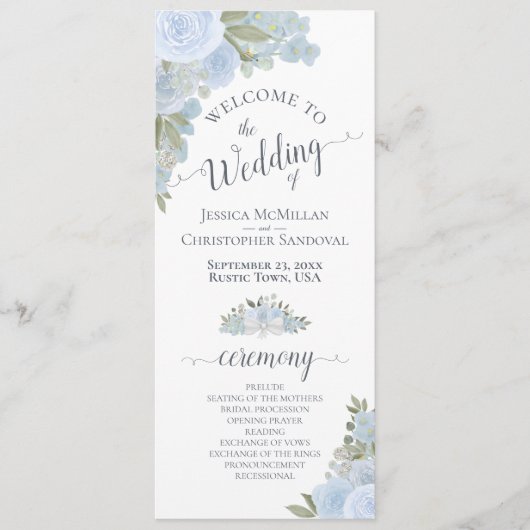 Elegant Dusty Blue Boho Waterverf Bloemenbruiloft Programmakaart (Voorkant)