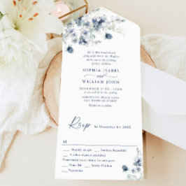 Elegant Dusty Blue Boho Winter Foliage Wedding All In One Uitnodiging