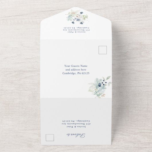 Elegant Dusty Blue Boho Winter Foliage Wedding All In One Uitnodiging (Buitenkant)