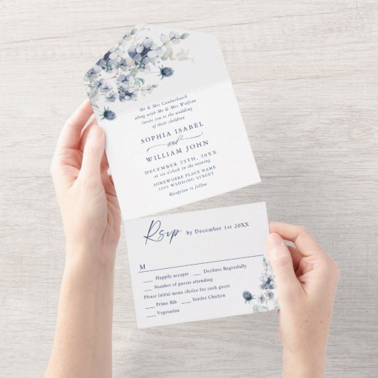 Elegant Dusty Blue Boho Winter Foliage Wedding All In One Uitnodiging (Afscheurbaar)