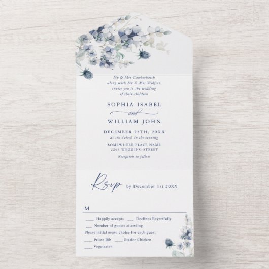 Elegant Dusty Blue Boho Winter Foliage Wedding All In One Uitnodiging (Binnen)