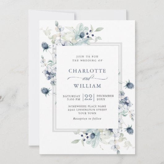 Elegant Dusty Blue Boho Winter Foliage Wedding Kaart (Voorkant)