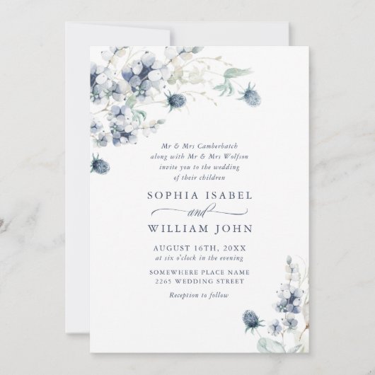 Elegant Dusty Blue Boho Winter Foliage Wedding Kaart (Voorkant)