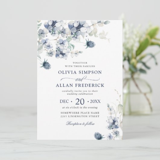 Elegant Dusty Blue Boho Winter Foliage Wedding Kaart (Staand voorkant)
