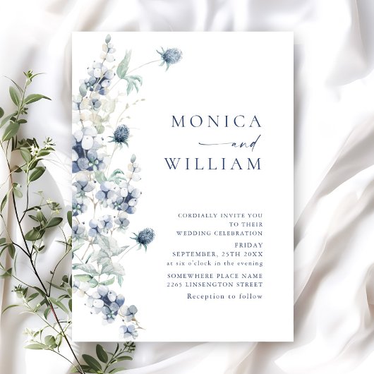Elegant Dusty Blue Boho Winter Foliage Wedding Kaart