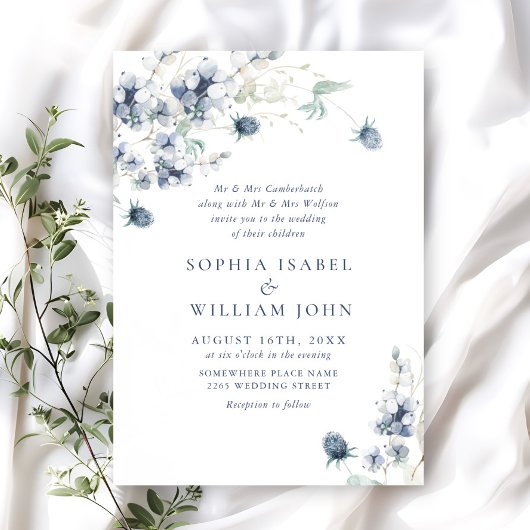 Elegant Dusty Blue Boho Winter Foliage Wedding Kaart