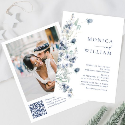 Elegant Dusty Blue Boho Winter Foliage Wedding Kaart