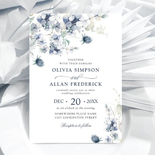 Elegant Dusty Blue Boho Winter Foliage Wedding Kaart