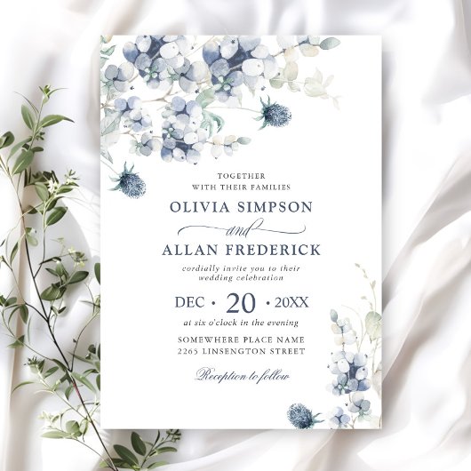 Elegant Dusty Blue Boho Winter Foliage Wedding Kaart