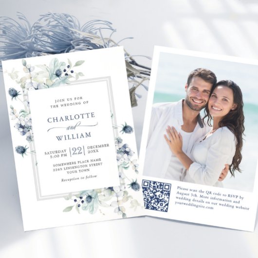 Elegant Dusty Blue Boho Winter Foliage Wedding Kaart