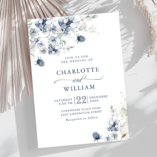 Elegant Dusty Blue Boho Winter Foliage Wedding Kaart