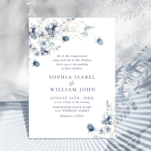 Elegant Dusty Blue Boho Winter Foliage Wedding Kaart