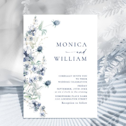 Elegant Dusty Blue Boho Winter Foliage Wedding Kaart