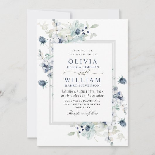 Elegant Dusty Blue Boho Winter Foliage Wedding Kaart (Voorkant)