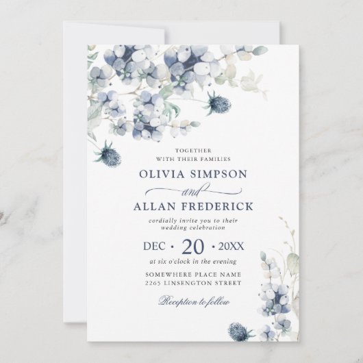Elegant Dusty Blue Boho Winter Foliage Wedding Kaart (Voorkant)