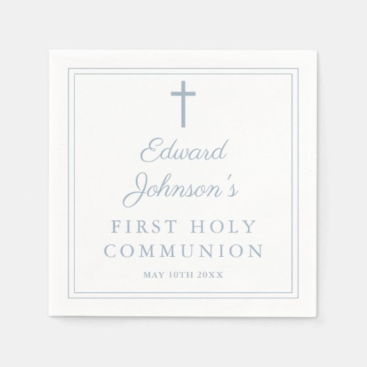 Elegant Dusty Blue Border First Holy Communion Servet (Voorkant)