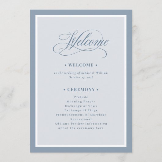 Elegant Dusty Blue Border | Luxe Wedding Welcome Programmakaart (Voorkant)