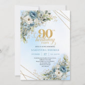 Elegant Dusty Blue Botanical 90th Birthday Invite Kaart (Voorkant)
