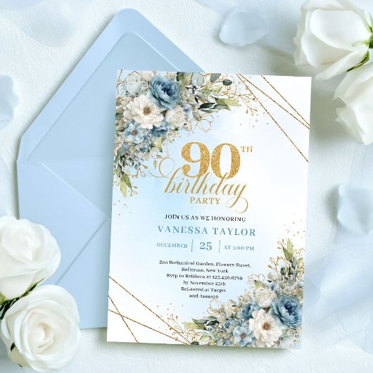 Elegant Dusty Blue Botanical 90th Birthday Invite Kaart
