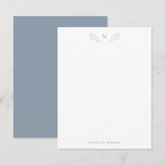 Elegant Dusty Blue Botanical Branch Monogram Notitiekaartje (Voorkant / Achterkant)