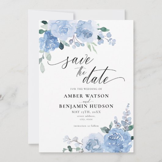 Elegant Dusty Blue Botanical Floral Save the Date Kaart (Voorkant)