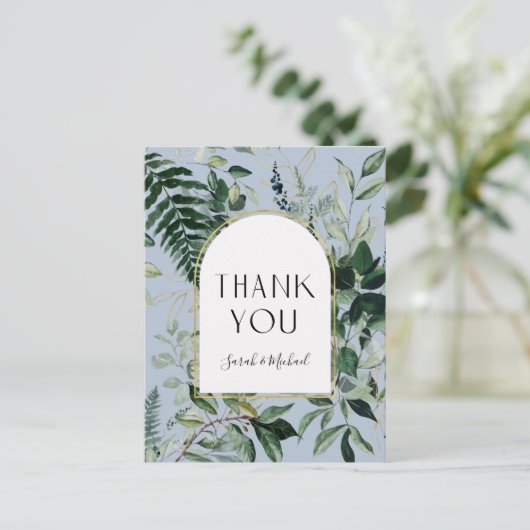 Elegant Dusty Blue Botanical gebladerte dank u Briefkaart (Staand voorkant)