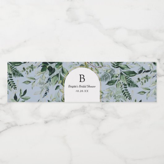 Elegant Dusty Blue Botanical Green bruiloft Waterfles Etiket (Enkel label)