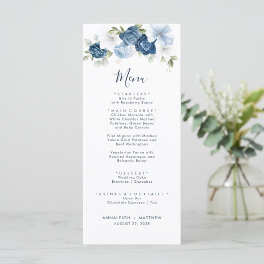 Elegant Dusty Blue Botanical Greenery Wedding Menu (Staand voorkant)