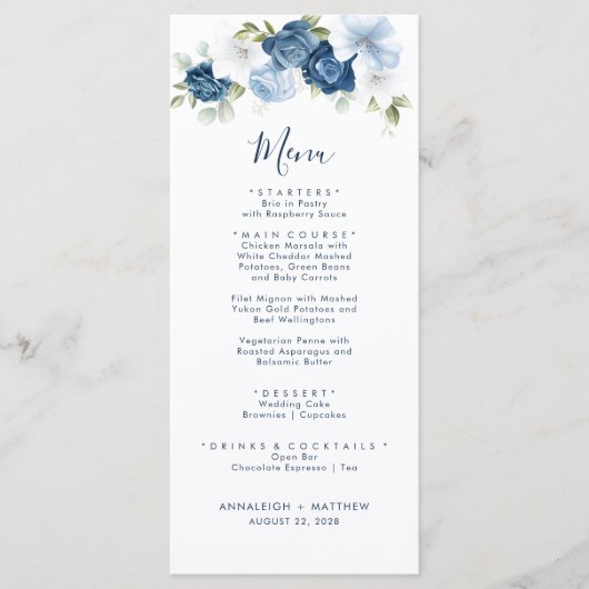 Elegant Dusty Blue Botanical Greenery Wedding Menu (Voorkant)