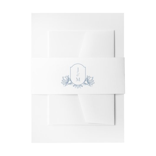 Elegant Dusty Blue Botanical Monogram Crest Uitnodigingen Wikkel (Voorkant Voorbeeld)