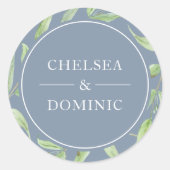 Elegant Dusty Blue Botanical Weddenlabel Ronde Sticker (Voorkant)