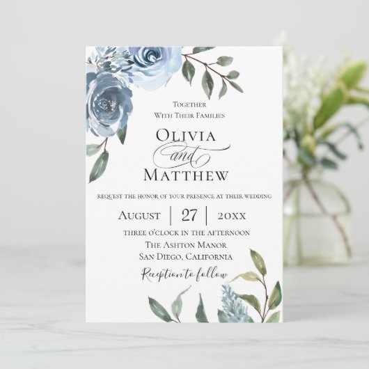 Elegant Dusty Blue Botanical Wedding Kaart (Staand voorkant)