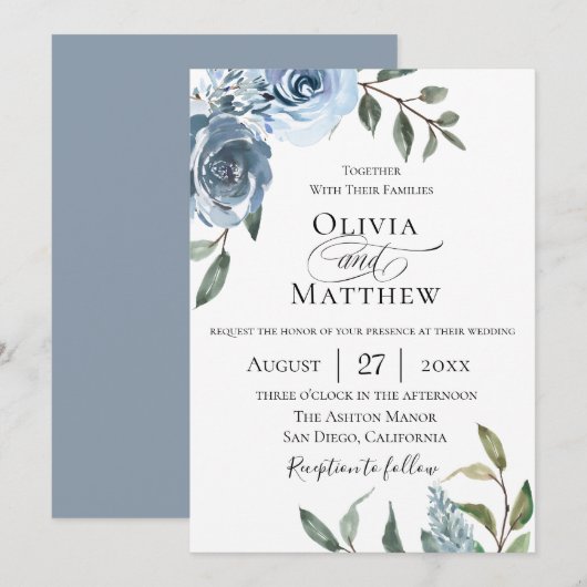 Elegant Dusty Blue Botanical Wedding Kaart (Voorkant / Achterkant)