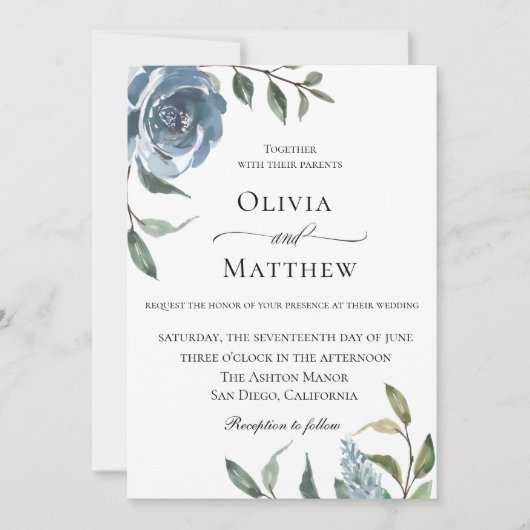 Elegant Dusty Blue Botanical Wedding Kaart (Voorkant)