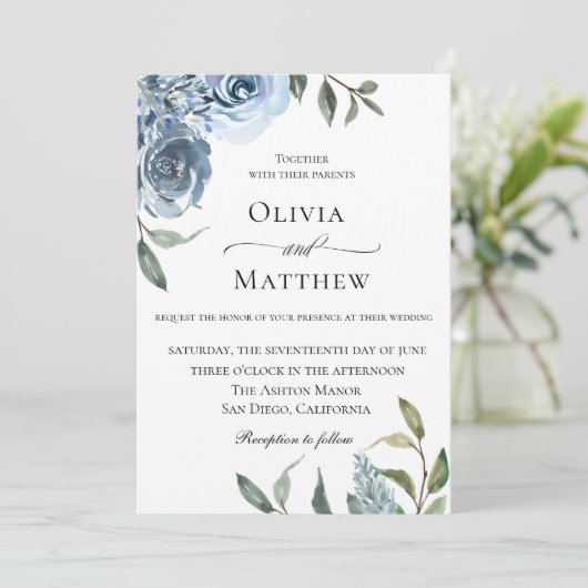 Elegant Dusty Blue Botanical Wedding Kaart (Staand voorkant)