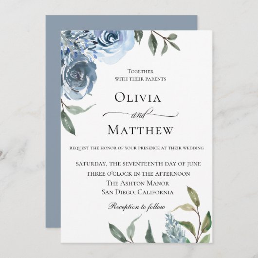 Elegant Dusty Blue Botanical Wedding Kaart (Voorkant / Achterkant)