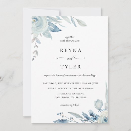 Elegant Dusty Blue Botanical Wedding Kaart (Voorkant)