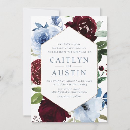 Elegant Dusty blue Bourgogbloemen bruiloft Kaart (Voorkant)